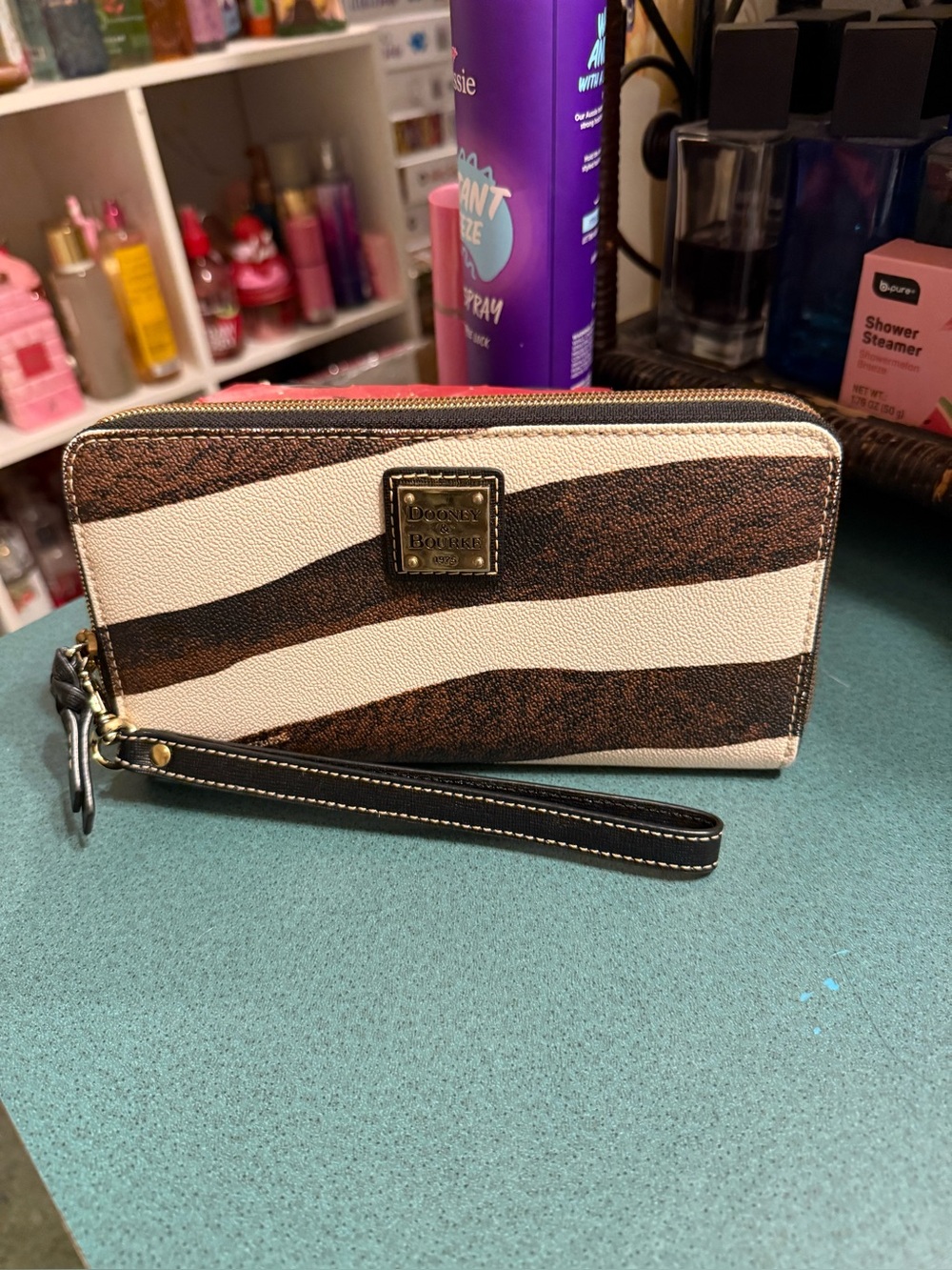 Dooney & Bourke Brown and Cream Zebra Stripe Wristlet Wallet